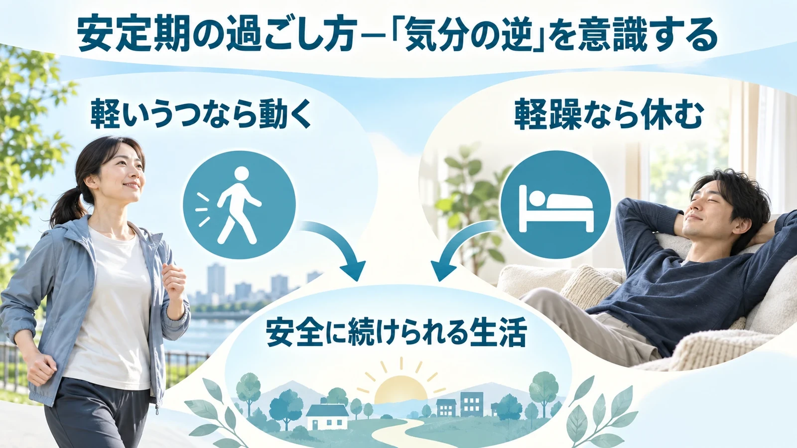 安定期の過ごし方―「気分の逆」を意識するの要点:軽いうつなら動く、軽躁なら休む、安全に続けられる生活。