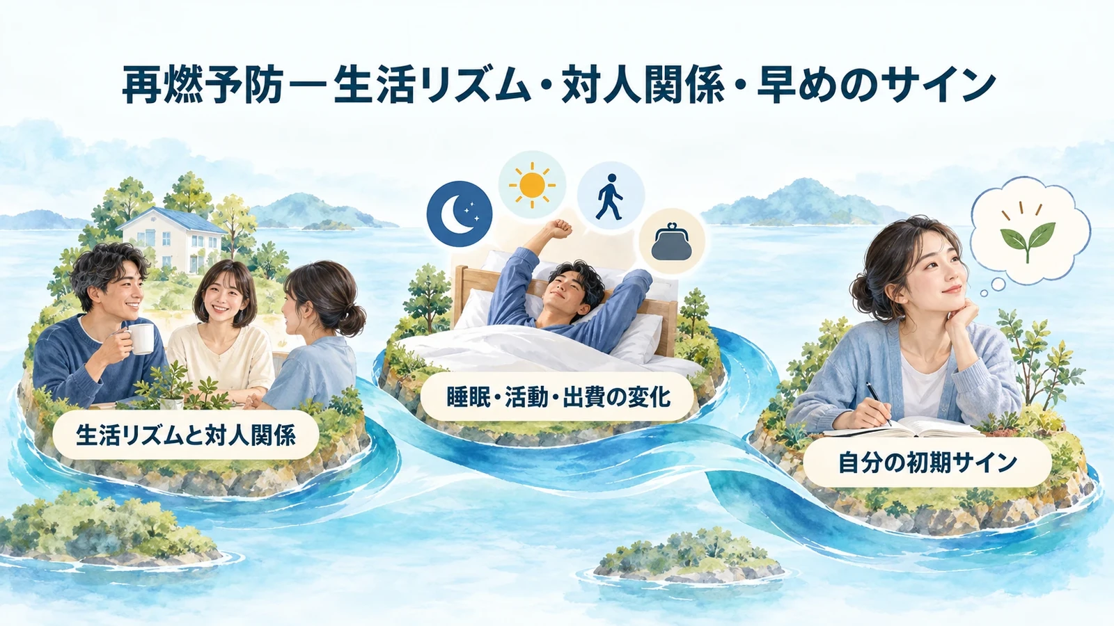 再燃予防―生活リズム・対人関係・早めのサインの要点:生活リズムと対人関係、睡眠・活動・出費の変化、自分の初期サイン。