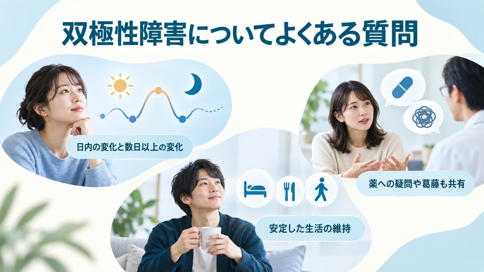 双極性障害についてよくある質問の要点:日内の変化と数日以上の変化、安定した生活の維持、薬への疑問や葛藤も共有。