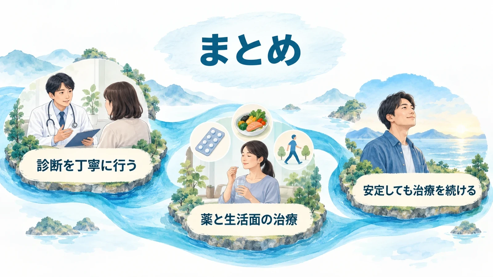 まとめの要点:診断を丁寧に行う、薬と生活面の治療、安定しても治療を続ける。