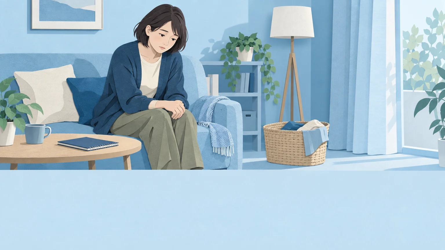 落ち込みが続き、普段のことができなくなるの説明動画。日常生活の場面を表した架空のイメージ。