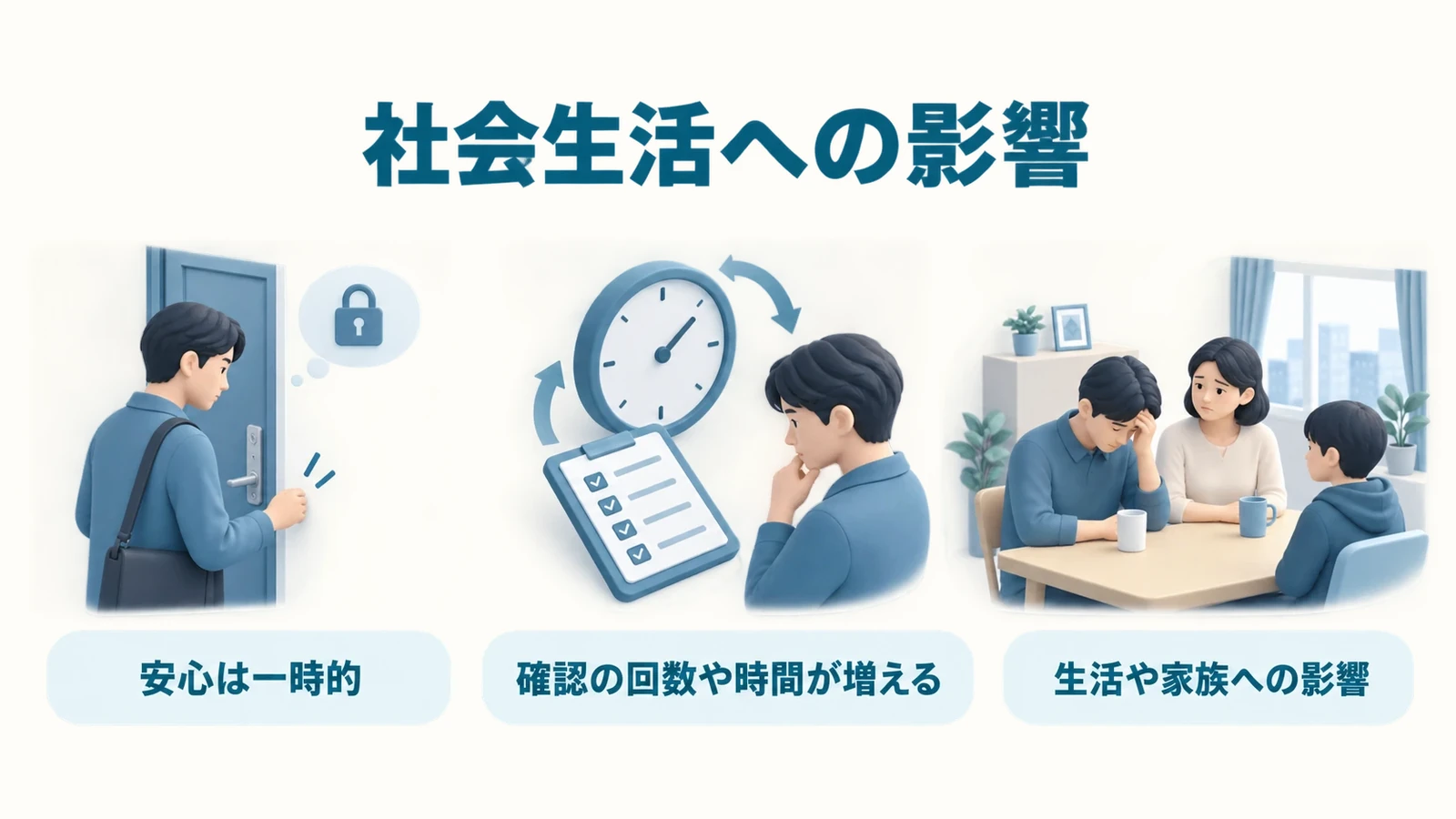 社会生活への影響―確認するほど、確認が増える悪循環の要点：安心は一時的、確認の回数や時間が増える、生活や家族への影響。
