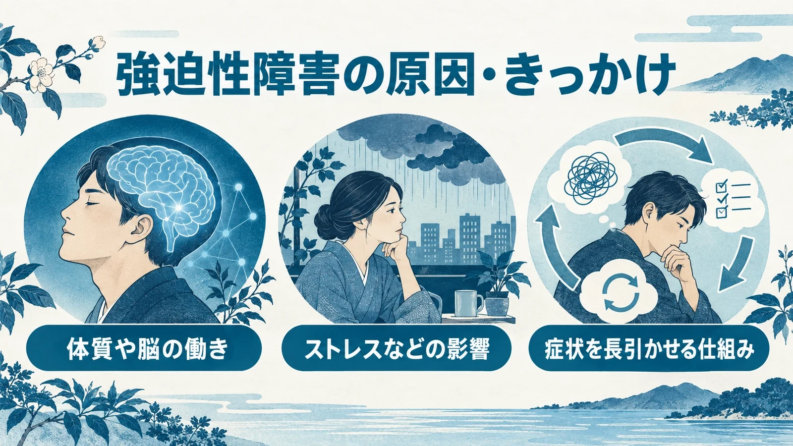 強迫性障害の原因・きっかけの要点：体質や脳の働き、ストレスなどの影響、症状を長引かせる仕組み。