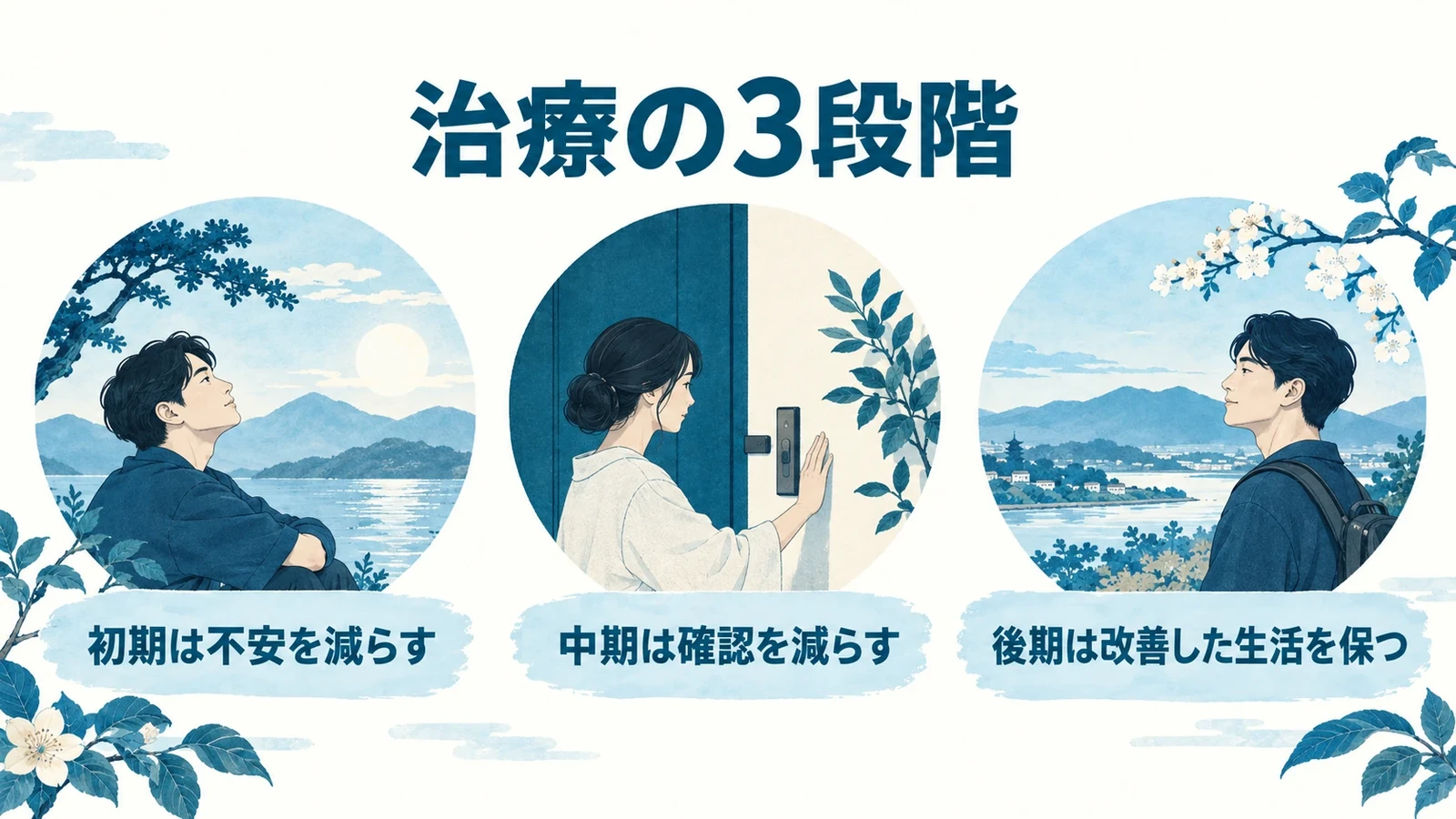 治療の3段階の要点：初期は不安を減らす、中期は確認を減らす、後期は改善した生活を保つ。