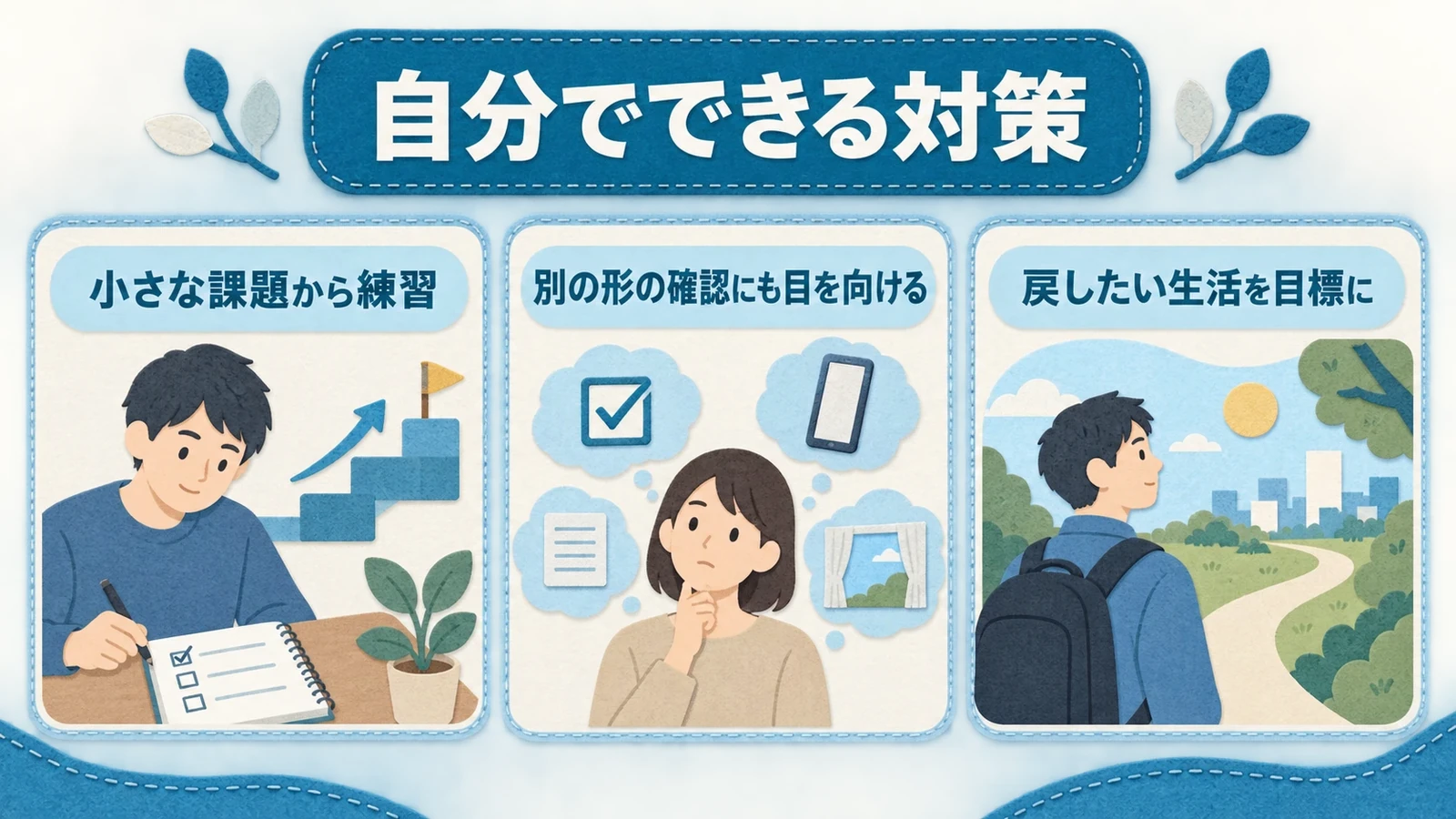 自分でできる対策―確認を減らす練習を生活に取り入れるの要点：小さな課題から練習、別の形の確認にも目を向ける、戻したい生活を目標に。