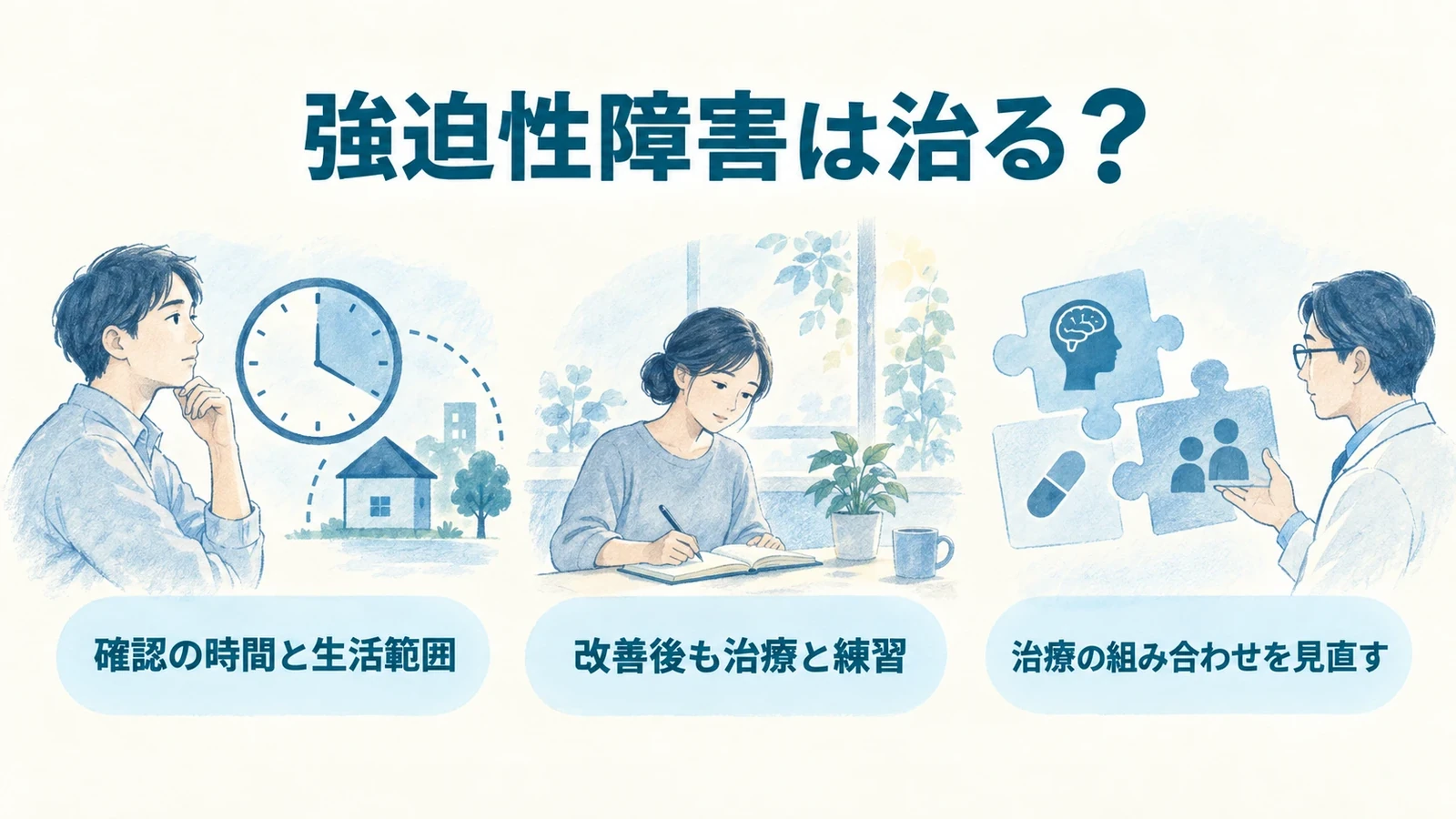強迫性障害は治る？―治療期間と再燃予防の要点：確認の時間と生活範囲、改善後も治療と練習、治療の組み合わせを見直す。