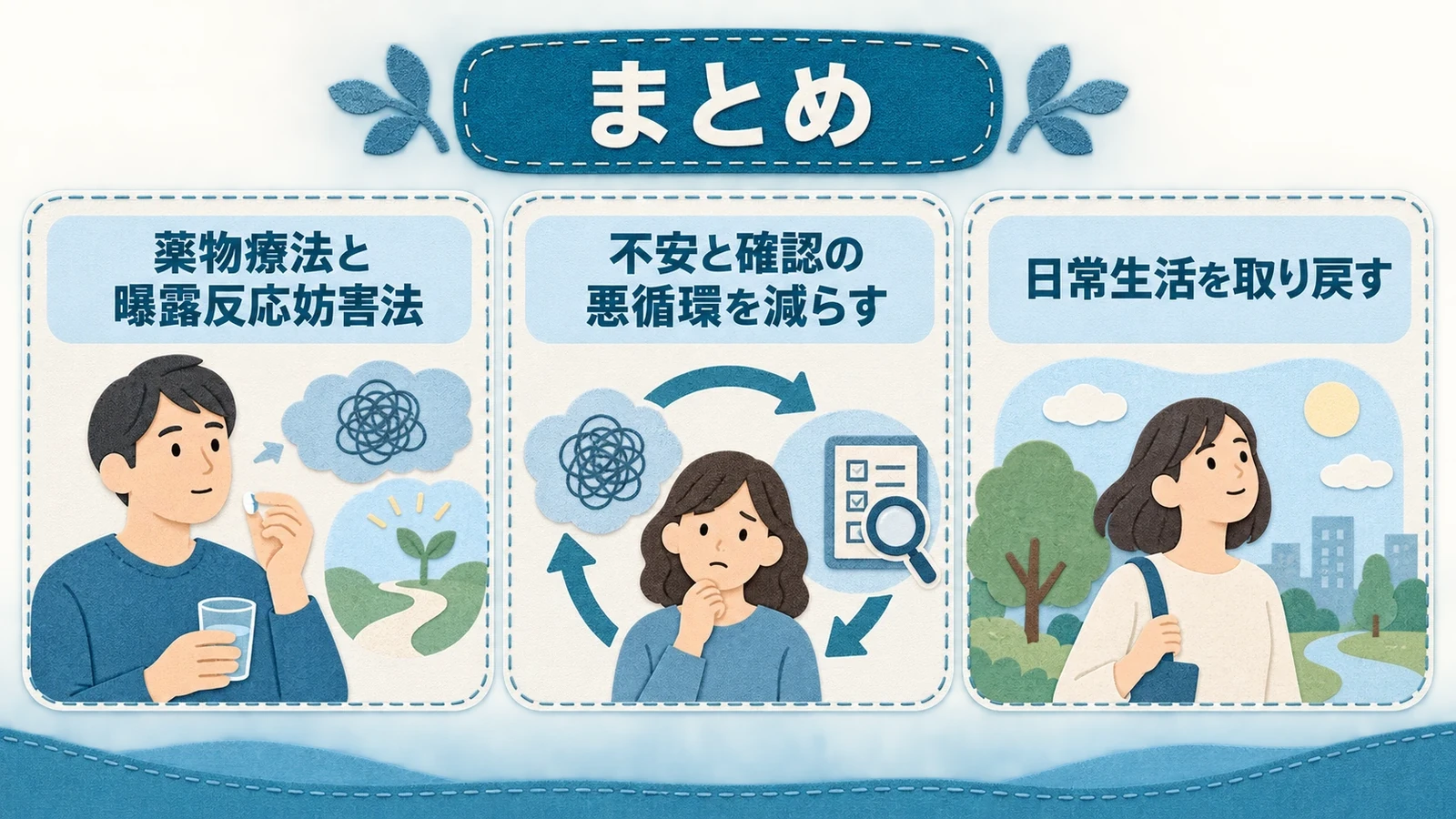 まとめの要点：薬物療法と曝露反応妨害法、不安と確認の悪循環を減らす、日常生活を取り戻す。