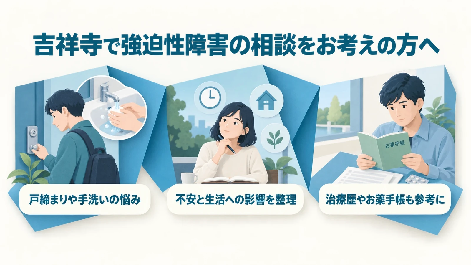 吉祥寺で強迫性障害の相談をお考えの方への要点：戸締まりや手洗いの悩み、不安と生活への影響を整理、治療歴やお薬手帳も参考に。