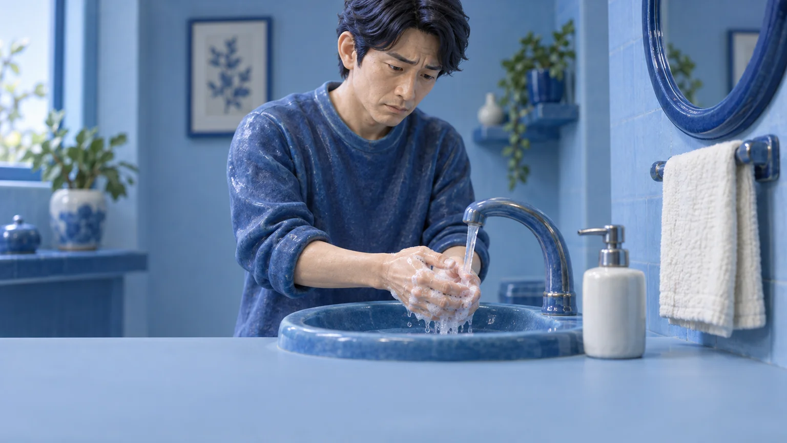 手洗いや入浴が、なかなか終わらないの説明動画。日常生活の場面を表した架空のイメージ。