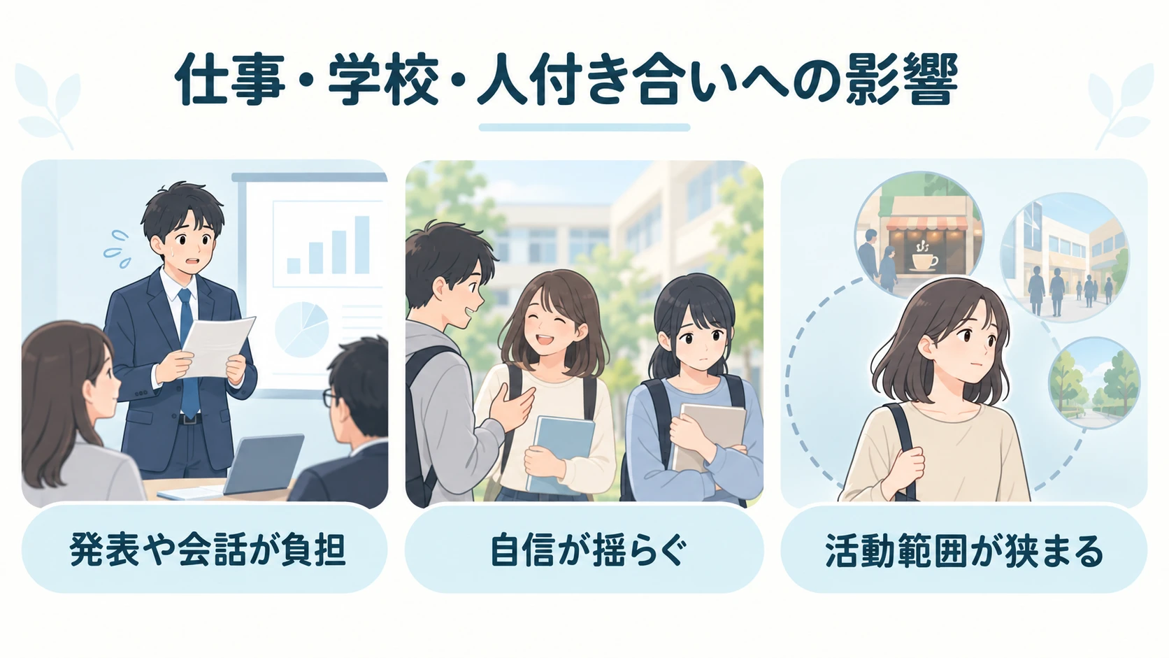 社会生活への影響――仕事・学校・外出の要点：発表や会話が負担、活動範囲が狭まる、自信が揺らぐ