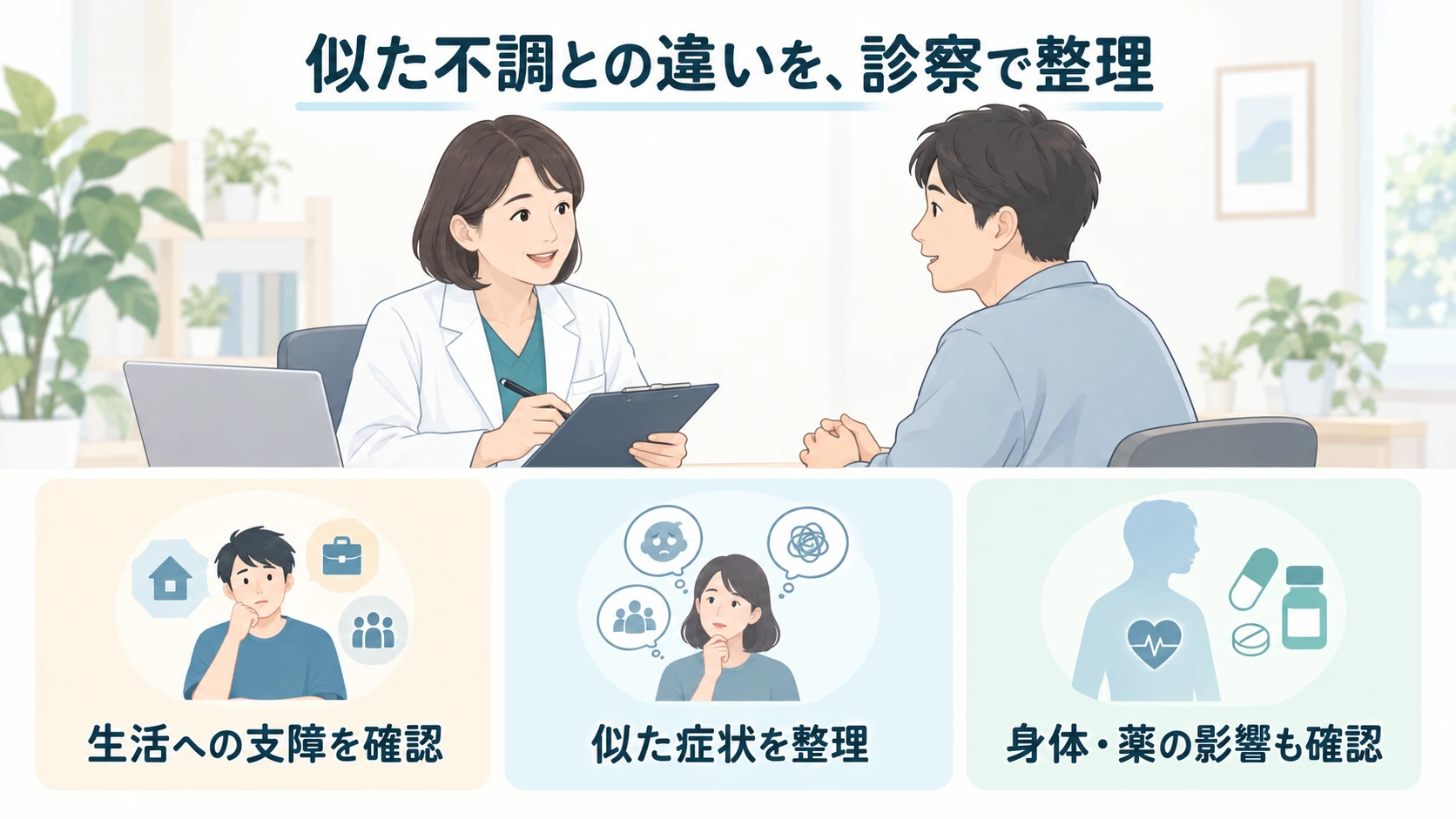 あがり症や、ほかの不調との違いの要点：生活への支障を確認、似た症状を整理、身体・薬の影響も確認