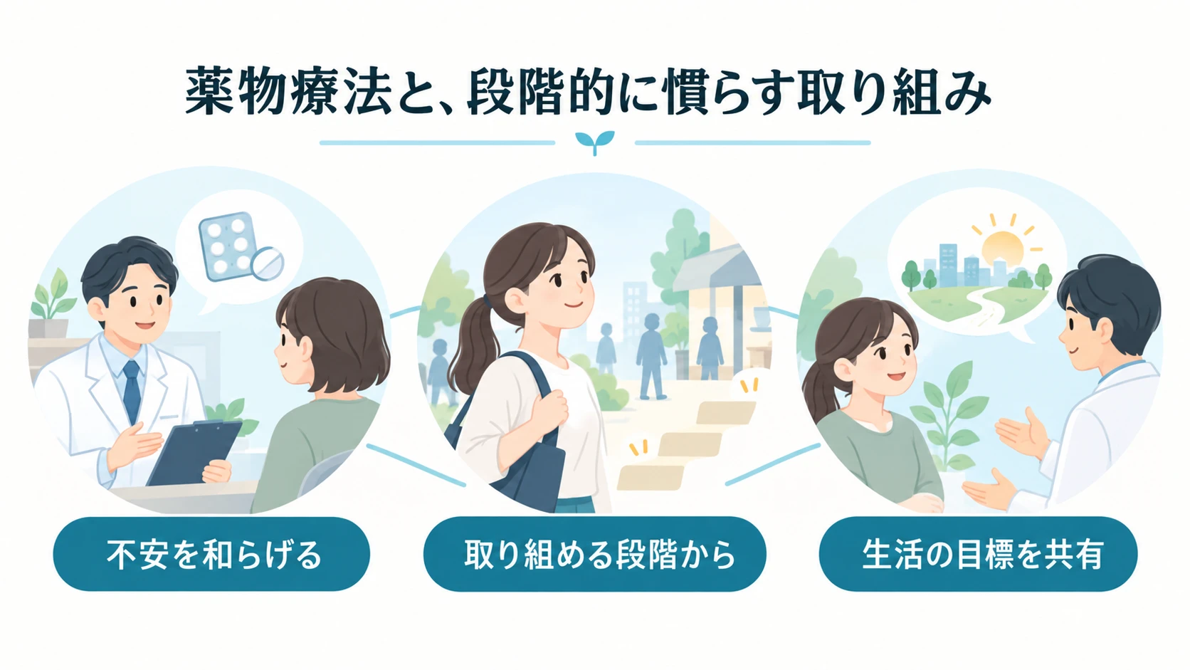 社会不安障害の治療の2つの柱の要点：不安を和らげる、取り組める段階から、生活の目標を共有