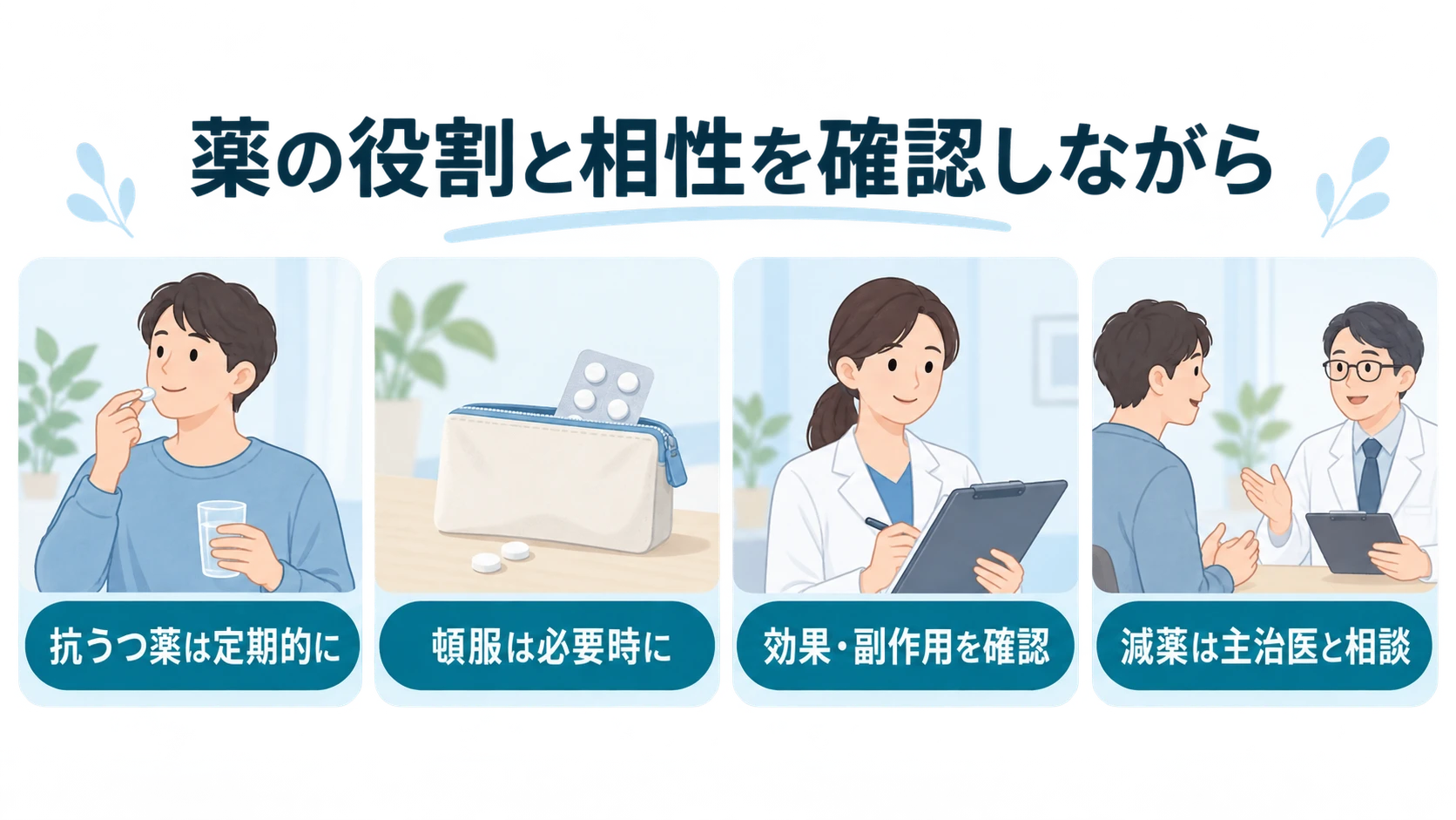 社会不安障害の「薬物療法――抗うつ薬と頓服の使い方」の要点図解。抗うつ薬は定期的に、頓服は必要時に、効果・副作用を確認、減薬は主治医と相談。