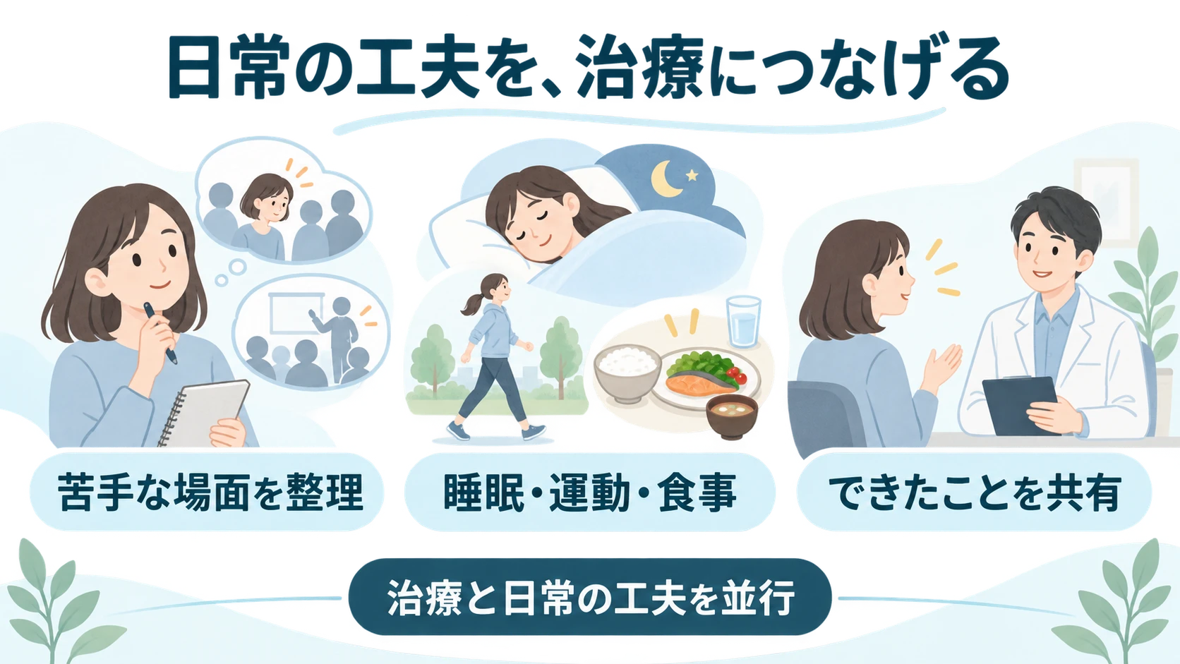 社会不安障害の「日常生活でできる工夫」の要点図解。苦手な場面を整理、睡眠・運動・食事、できたことを共有。治療と日常の工夫を並行。