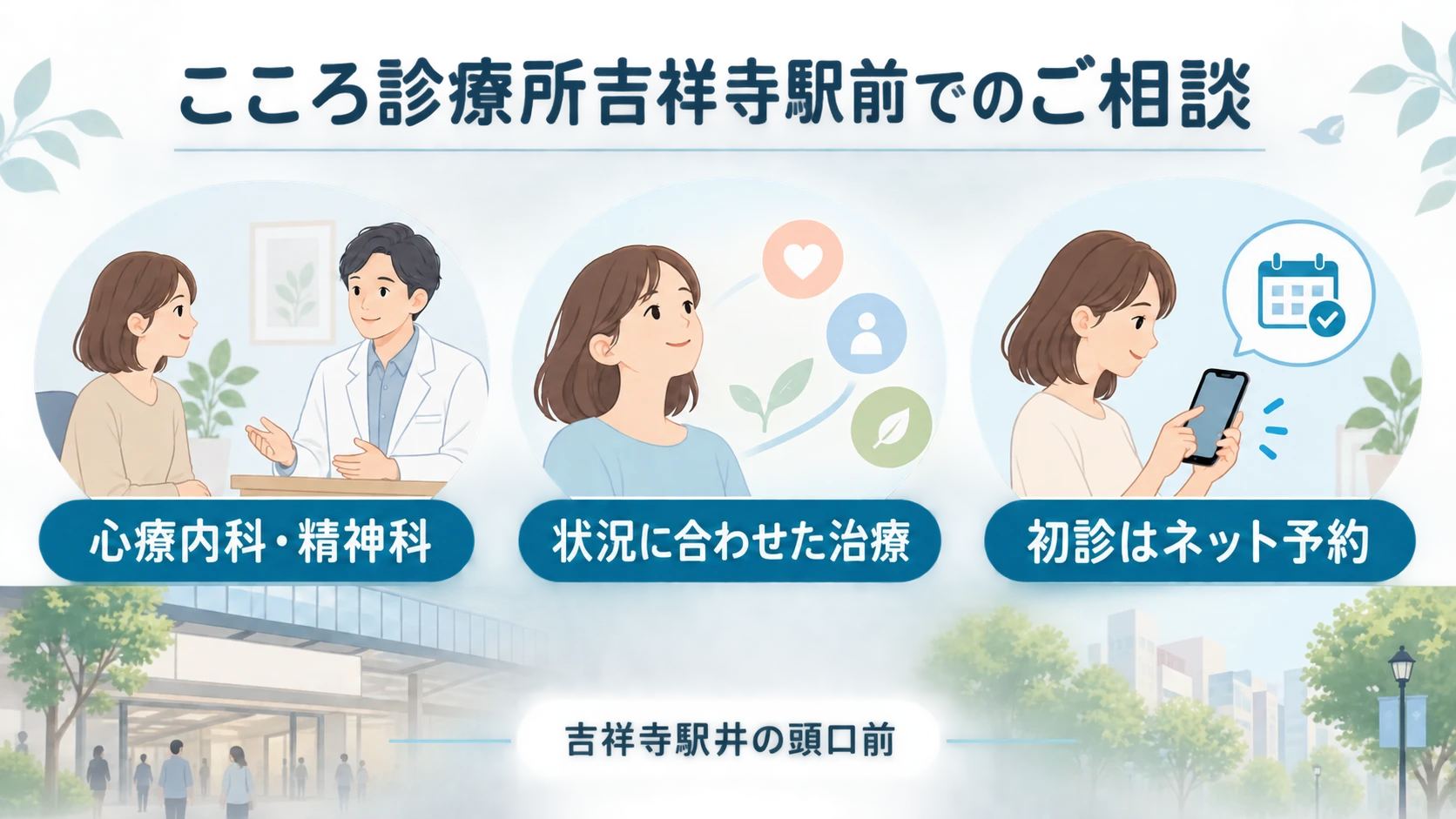 社会不安障害の「吉祥寺で社会不安障害の相談をお考えの方へ」の要点図解。心療内科・精神科、状況に合わせた治療、初診はネット予約。吉祥寺駅井の頭口前。