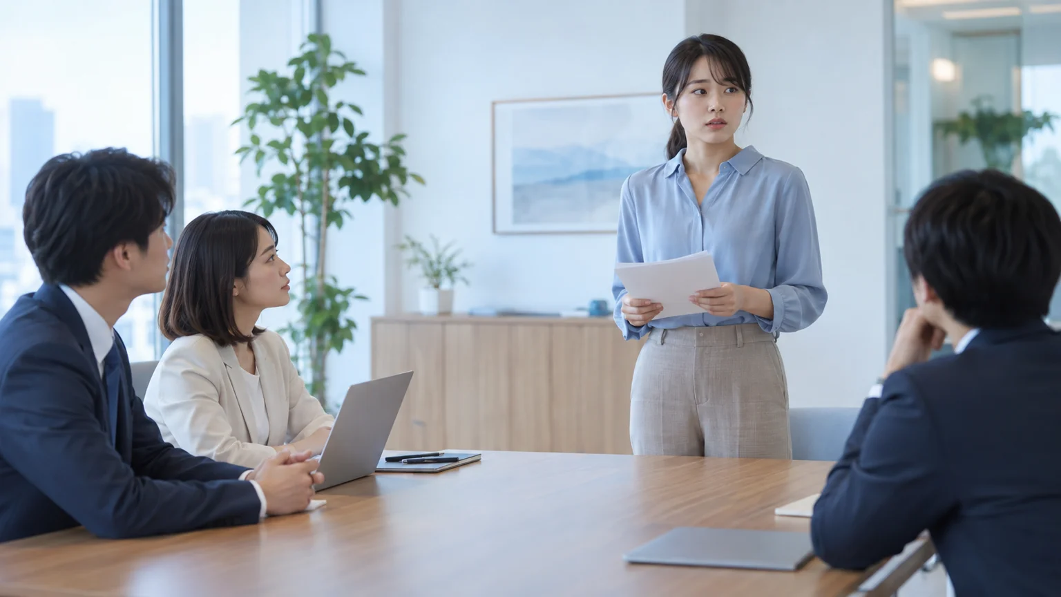 人前で頭が真っ白になる症状の説明動画。会議で話す前に緊張する人を表した架空のイメージ。