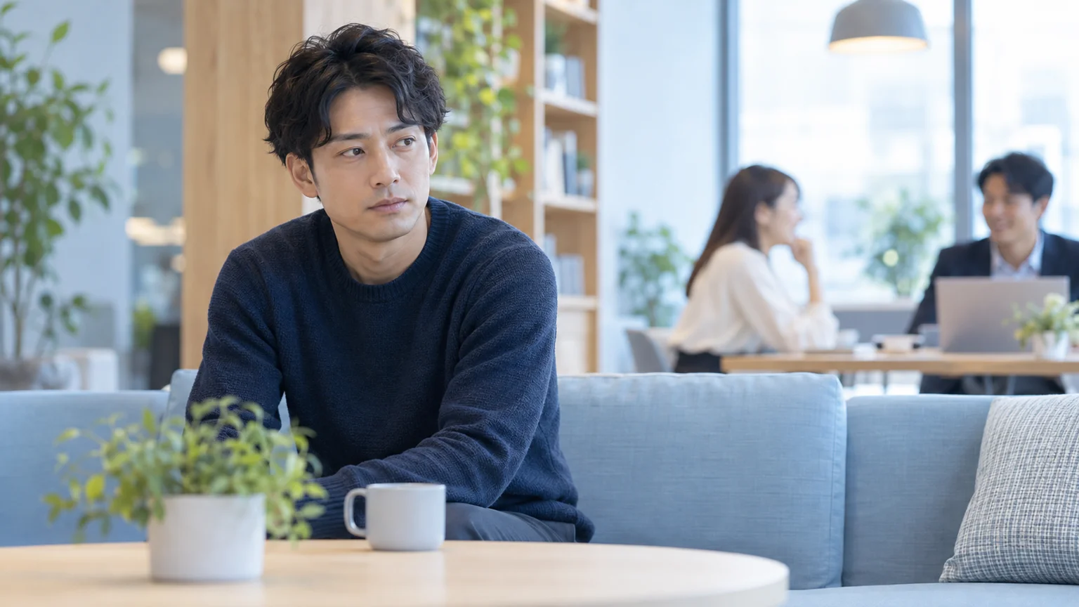 人の視線への不安の説明動画。同じ場所にいる人を意識する場面を表した架空のイメージ。