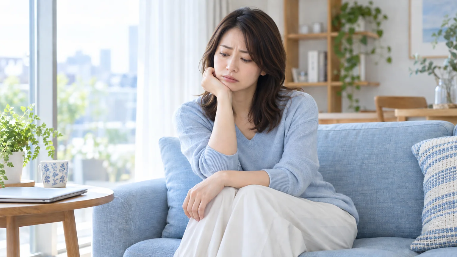 適応障害の説明動画。眉を寄せて視線を下げ、ストレスによる不安や疲れが表情に現れた架空の女性のイメージ。