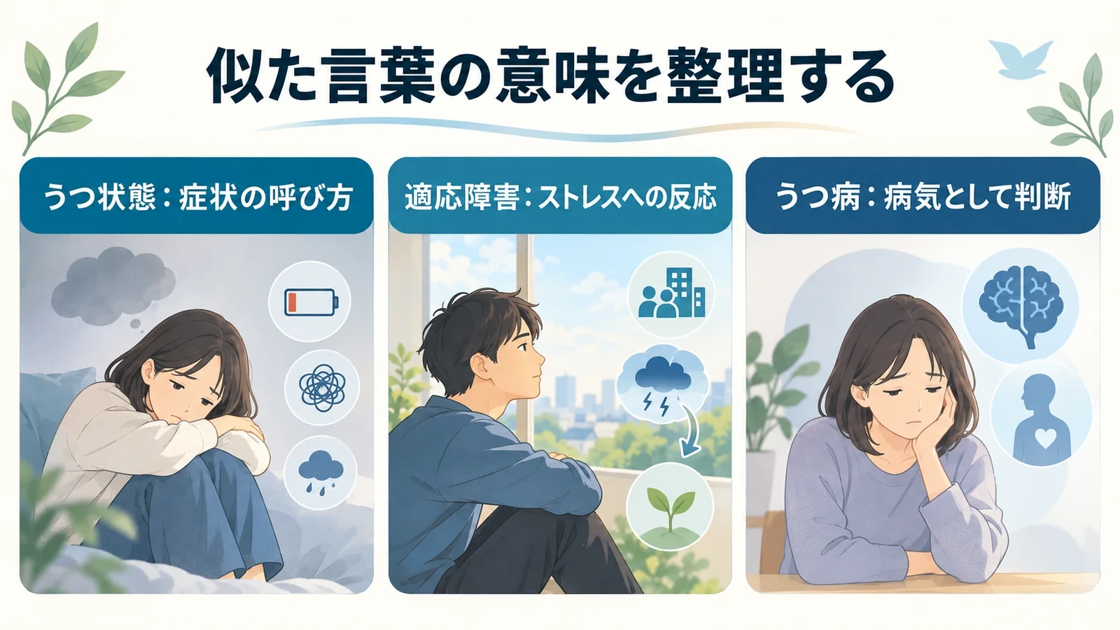 うつ状態・適応障害・うつ病の違いの要点:うつ状態:症状の呼び方、適応障害:ストレスへの反応、うつ病:病気として判断。