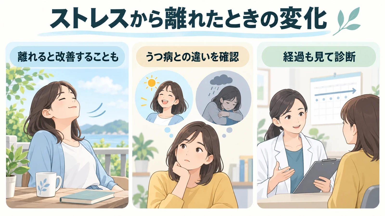 適応障害とうつ病の違いの要点:離れると改善することも、うつ病との違いを確認、経過も見て診断。