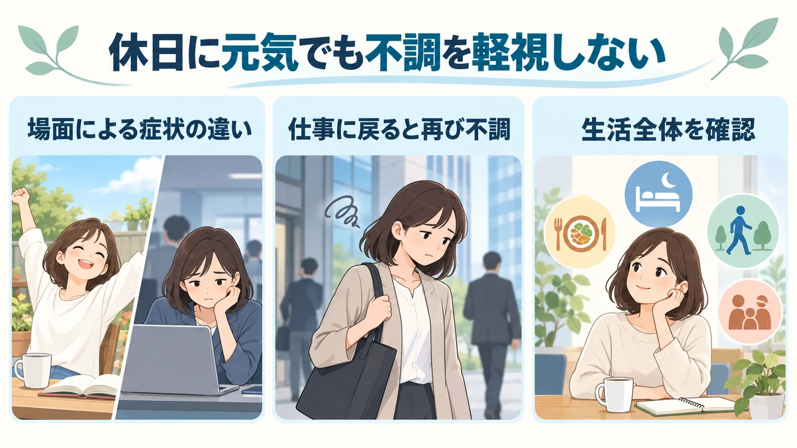 仕事以外や休日は元気でも、適応障害?の要点:場面による症状の違い、仕事に戻ると再び不調、生活全体を確認。
