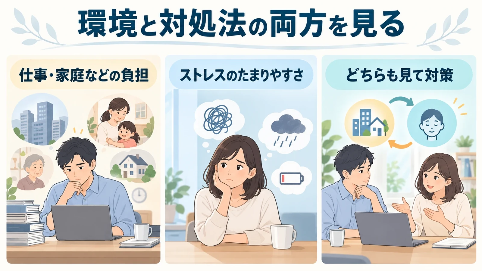 適応障害の原因と、ストレスがたまる背景の要点:仕事・家庭などの負担、ストレスのたまりやすさ、どちらも見て対策。