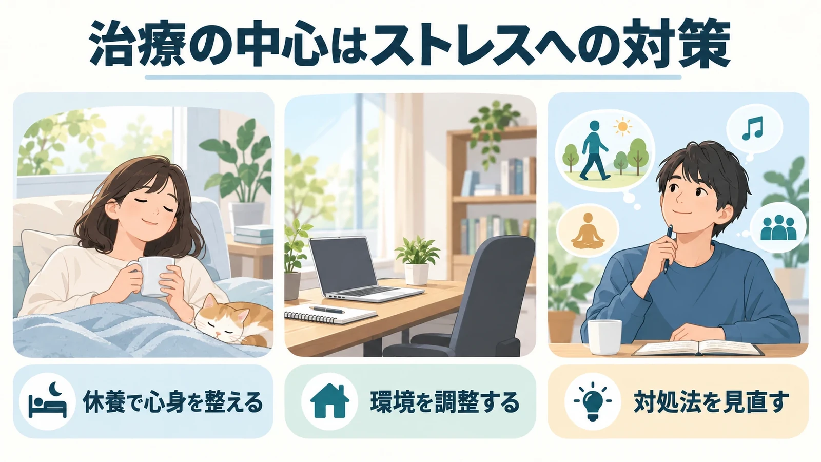 適応障害の治療・治し方の基本の要点:休養で心身を整える、環境を調整する、対処法を見直す。