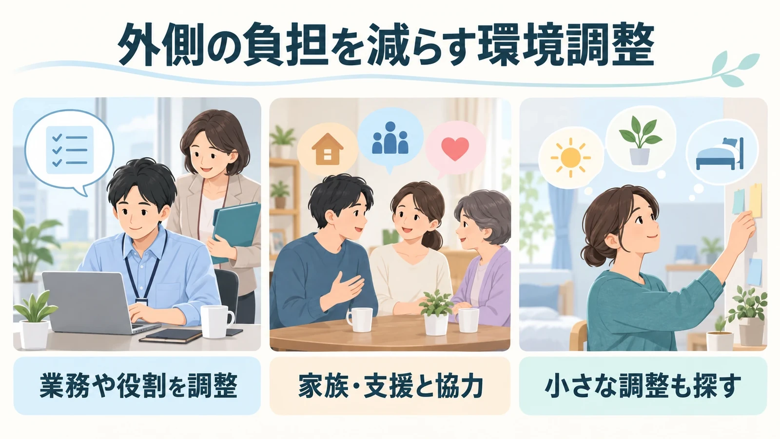 治療の方法①環境調整の要点:業務や役割を調整、家族・支援と協力、小さな調整も探す。