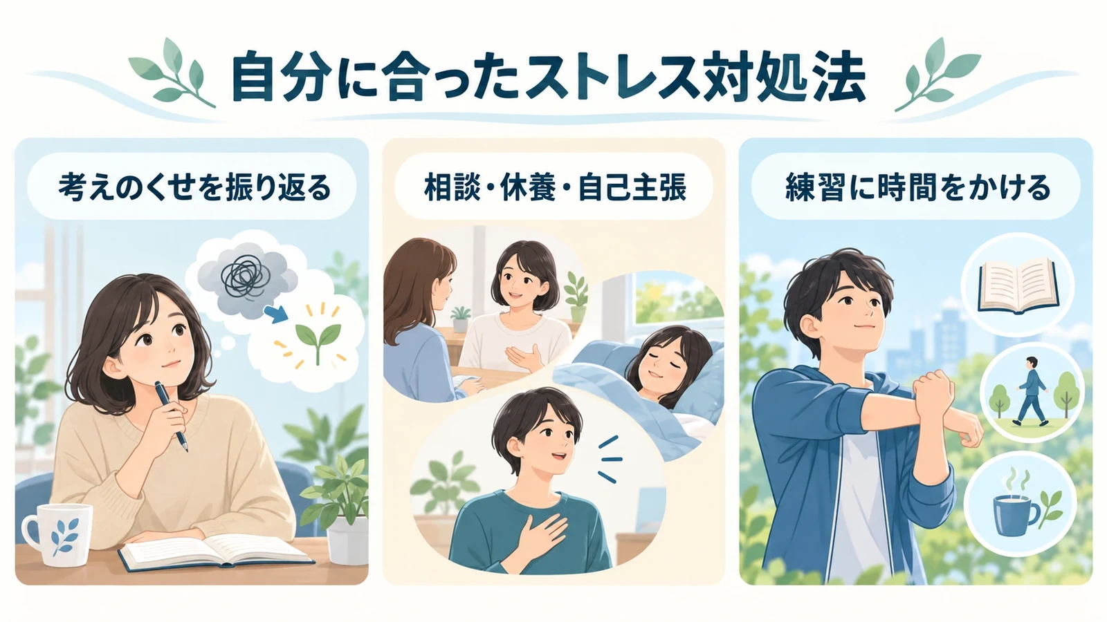 治療の方法②ストレス対処法の見直しの要点:考えのくせを振り返る、相談・休養・自己主張、練習に時間をかける。