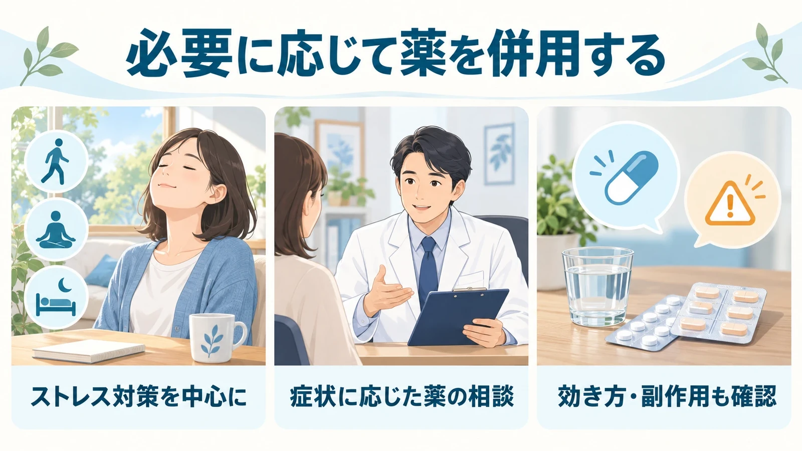 治療の方法③薬物療法の要点:ストレス対策を中心に、症状に応じた薬の相談、効き方・副作用も確認。