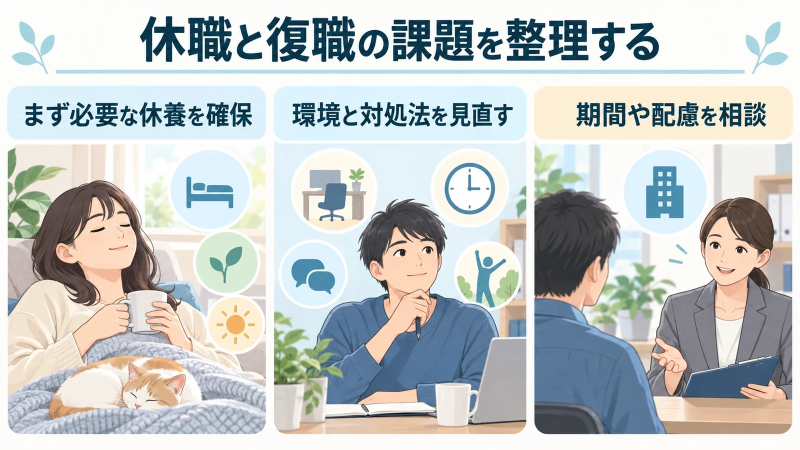 適応障害と休職・休職期間の要点:まず必要な休養を確保、環境と対処法を見直す、期間や配慮を相談。