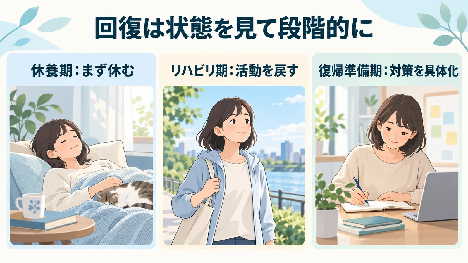 回復期の過ごし方と、復職の判断の要点:休養期:まず休む、リハビリ期:活動を戻す、復帰準備期:対策を具体化。