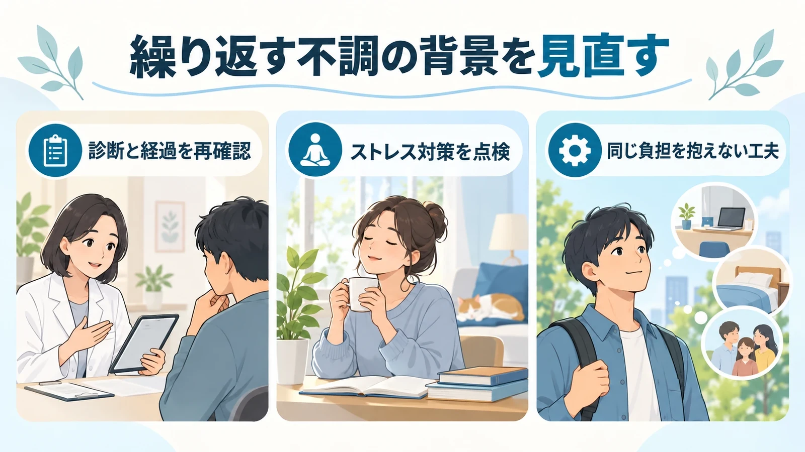 再発・再燃を繰り返すときの要点:診断と経過を再確認、ストレス対策を点検、同じ負担を抱えない工夫。