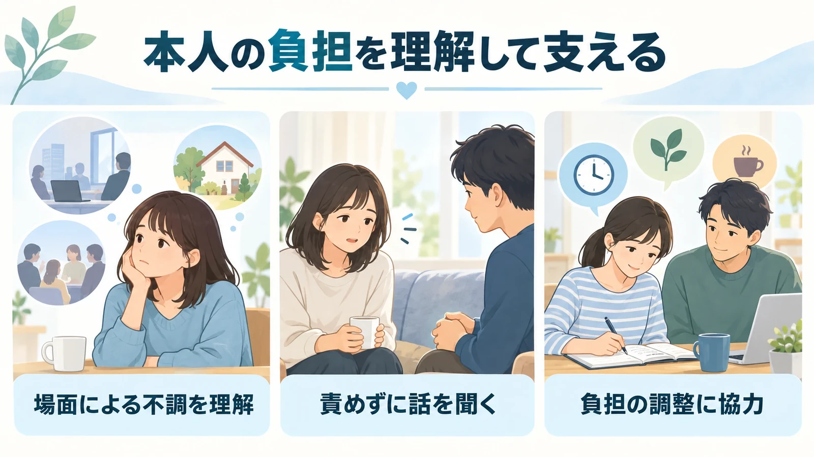 家族や周囲の方の関わり方の要点:場面による不調を理解、責めずに話を聞く、負担の調整に協力。