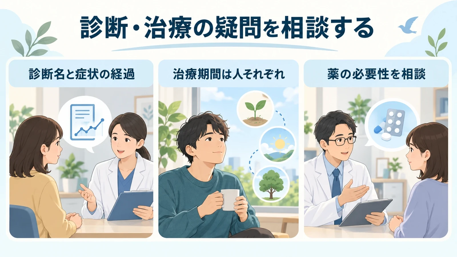 適応障害についてよくある質問の要点:診断名と症状の経過、治療期間は人それぞれ、薬の必要性を相談。