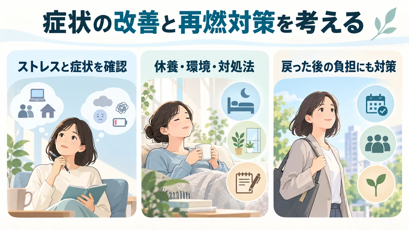 まとめの要点:ストレスと症状を確認、休養・環境・対処法、戻った後の負担にも対策。