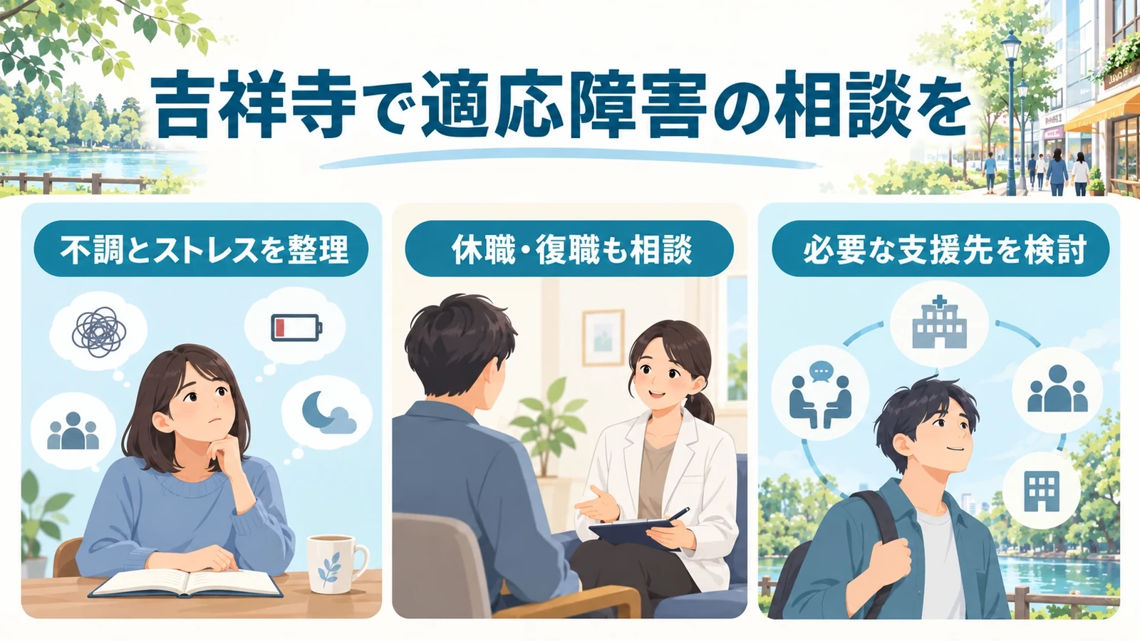吉祥寺で適応障害の相談をお考えの方への要点:不調とストレスを整理、休職・復職も相談、必要な支援先を検討。