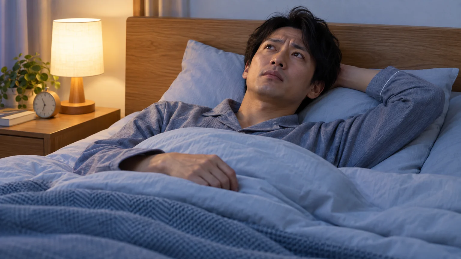 嫌なことを考え眠れないの説明動画。日常生活の場面を表した架空のイメージ。