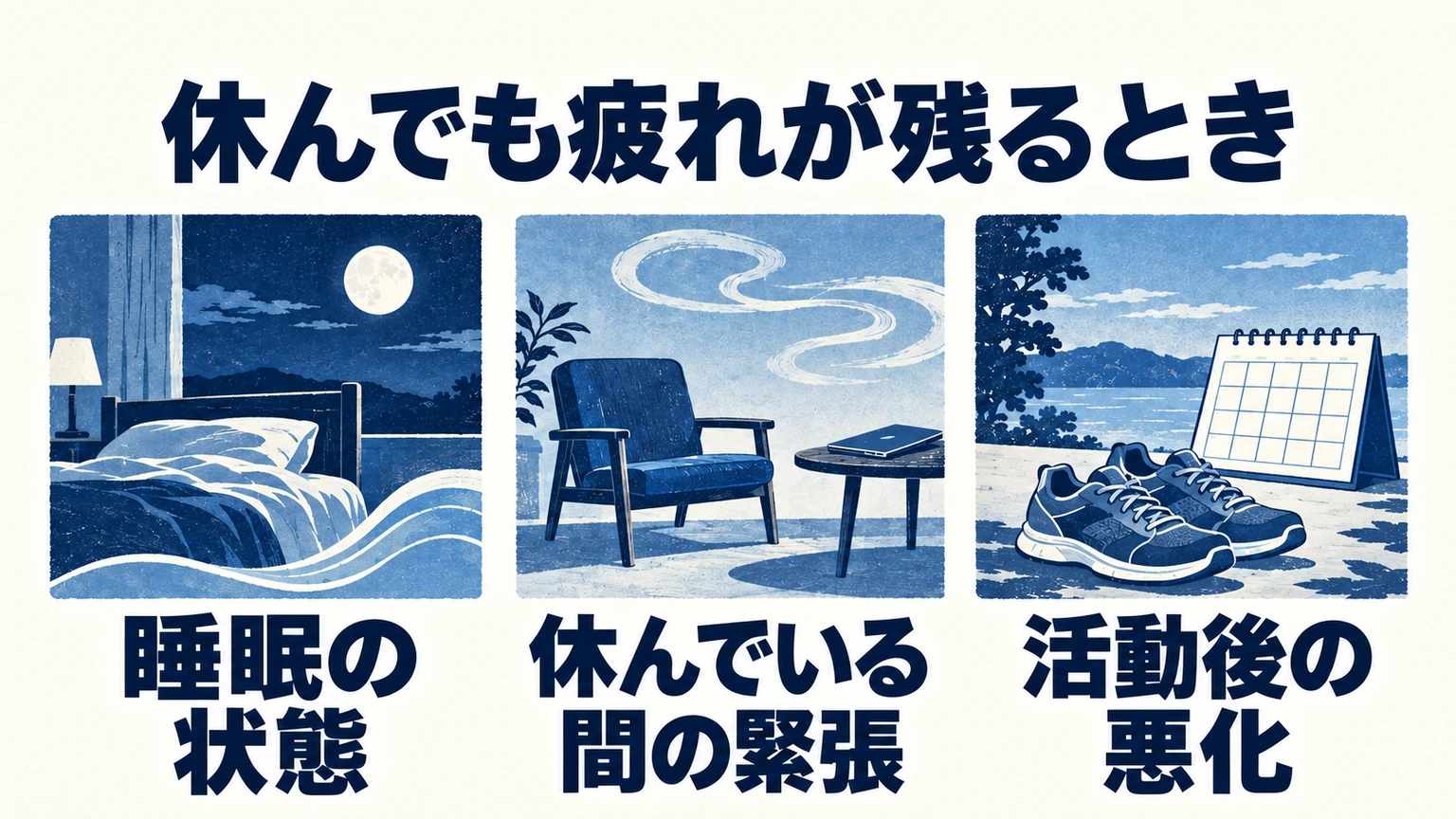 休んでも疲れが残るとき：睡眠の状態、休んでいる間の緊張、活動後の悪化