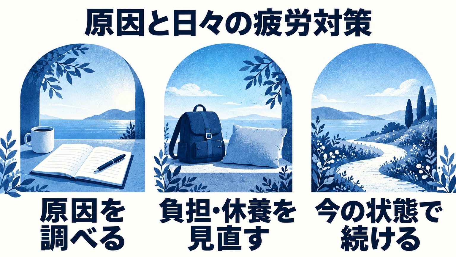 原因と日々の疲労対策：原因を調べる、負担・休養を見直す、今の状態で続ける