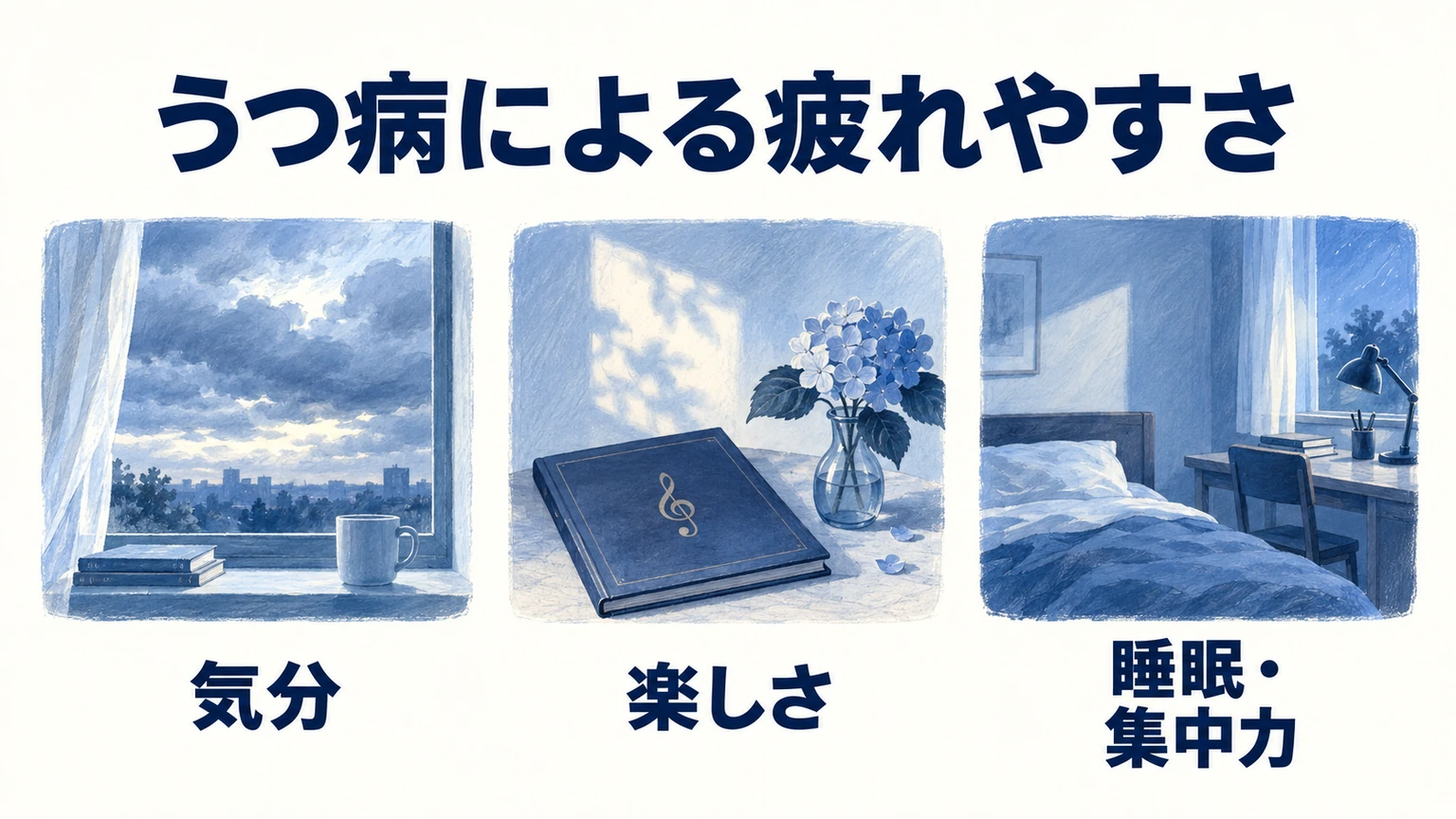 うつ病による疲れやすさ：気分、楽しさ、睡眠・集中力