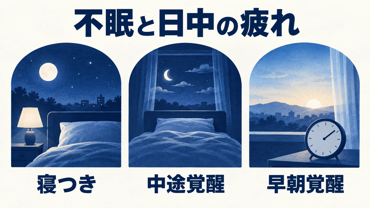 不眠と日中の疲れ：寝つき、中途覚醒、早朝覚醒