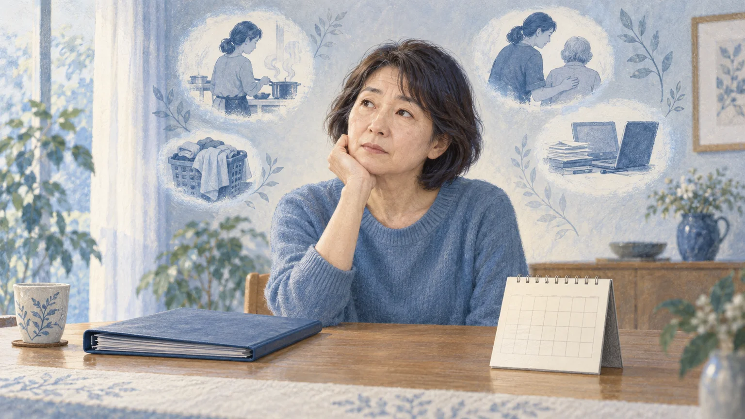 仕事や家事の負担を考える架空の人物。原因に対処しながら、疲れをためない生活へ調整するの説明動画。