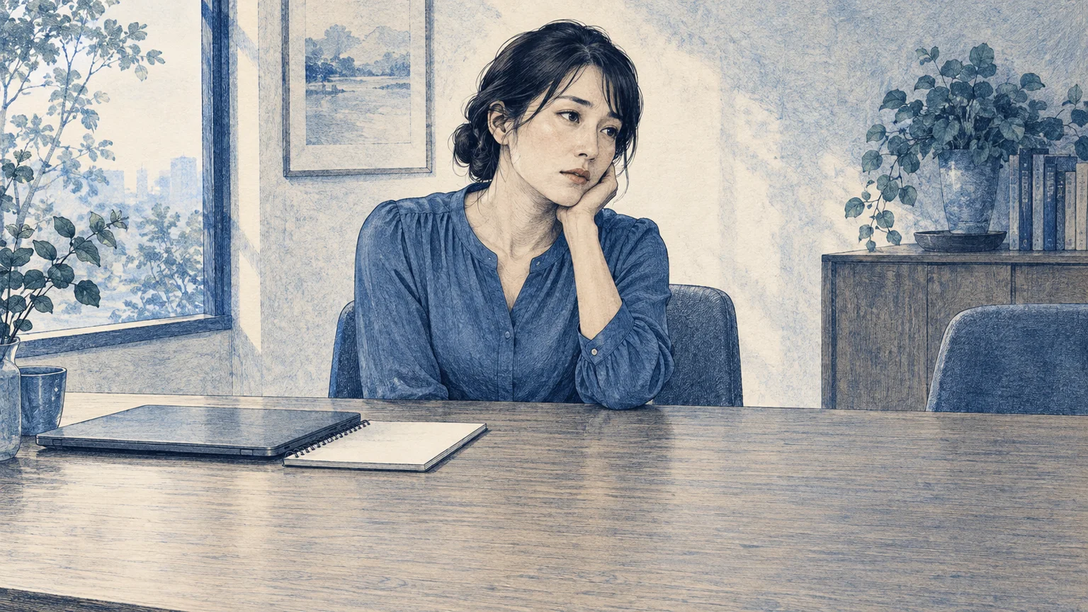 机に向かい、気力や疲れ方を振り返る架空の人物。うつ病や不安など、こころの不調も確認するの説明動画。