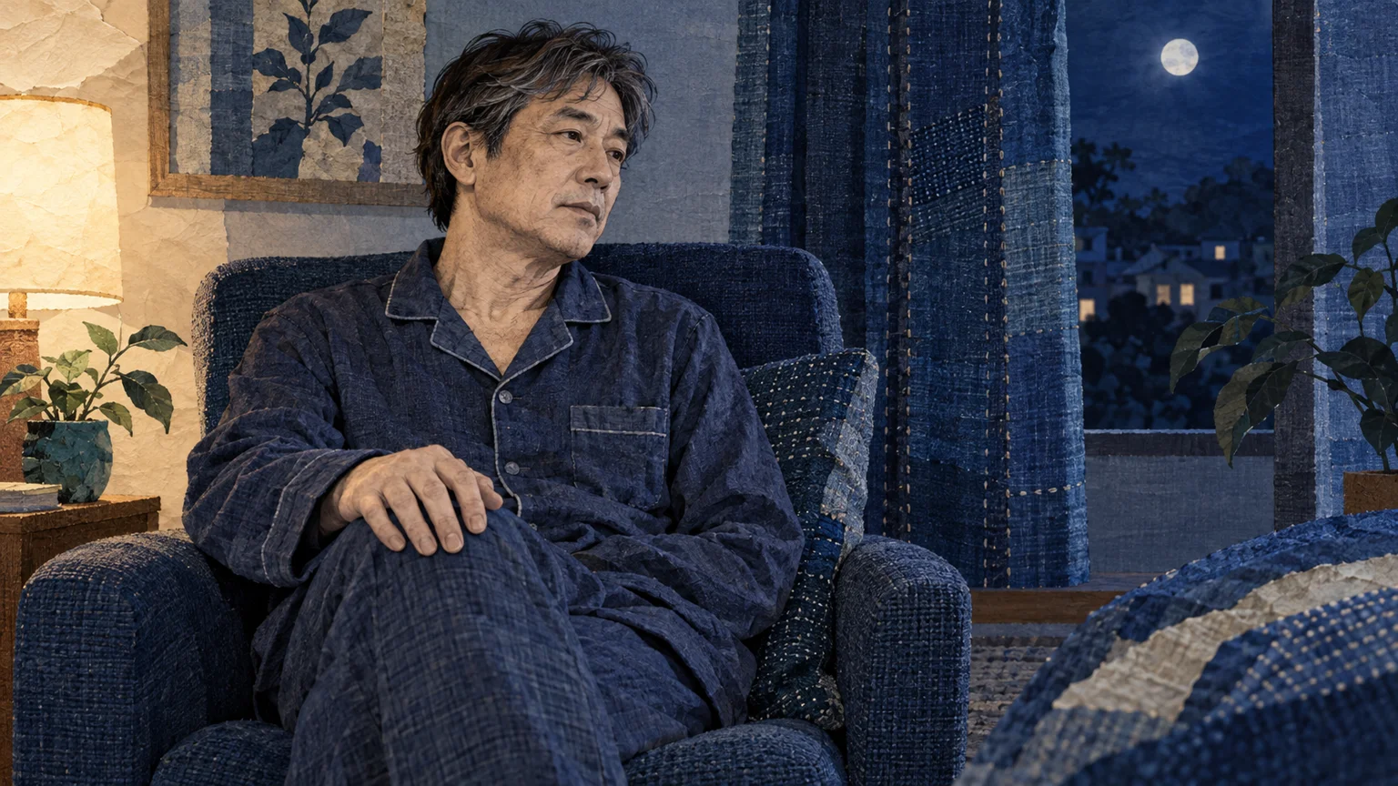 夜の寝室で眠りの状態を振り返る架空の人物。睡眠と、休んだ後の回復を見直すの説明動画。