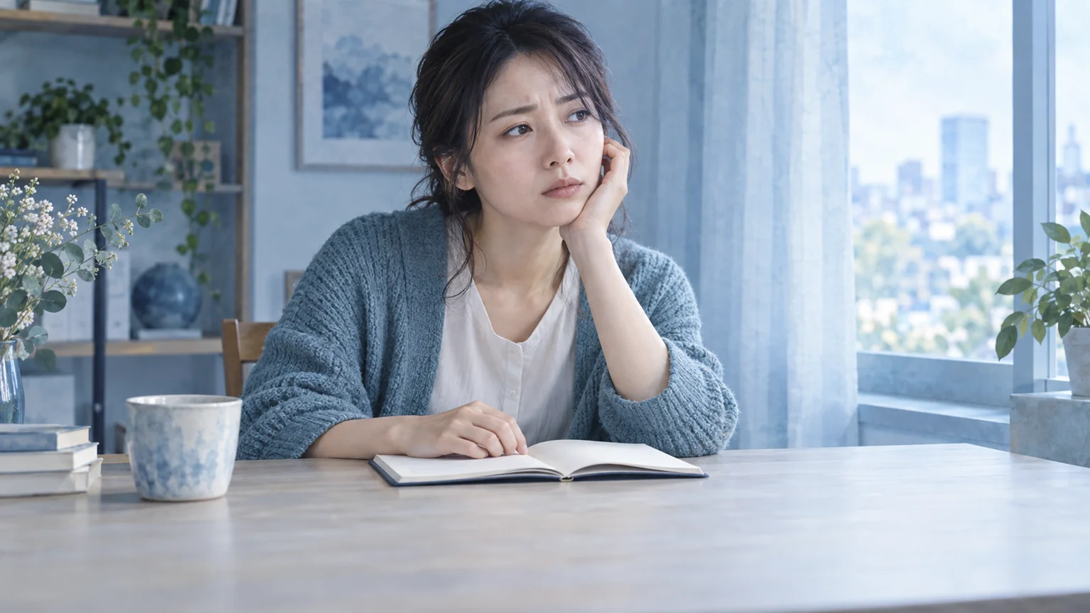 気分の浮き沈みを振り返り、開いた記録帳の前で考える架空の成人。青とアイボリーの静かな室内を描いたヒーロー動画のポスター。