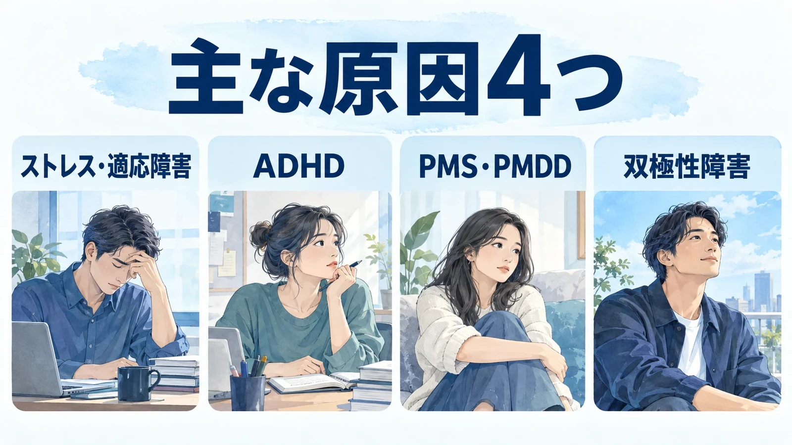 主な原因4つの要点:ストレス・適応障害、ADHD、PMS・PMDD、双極性障害。