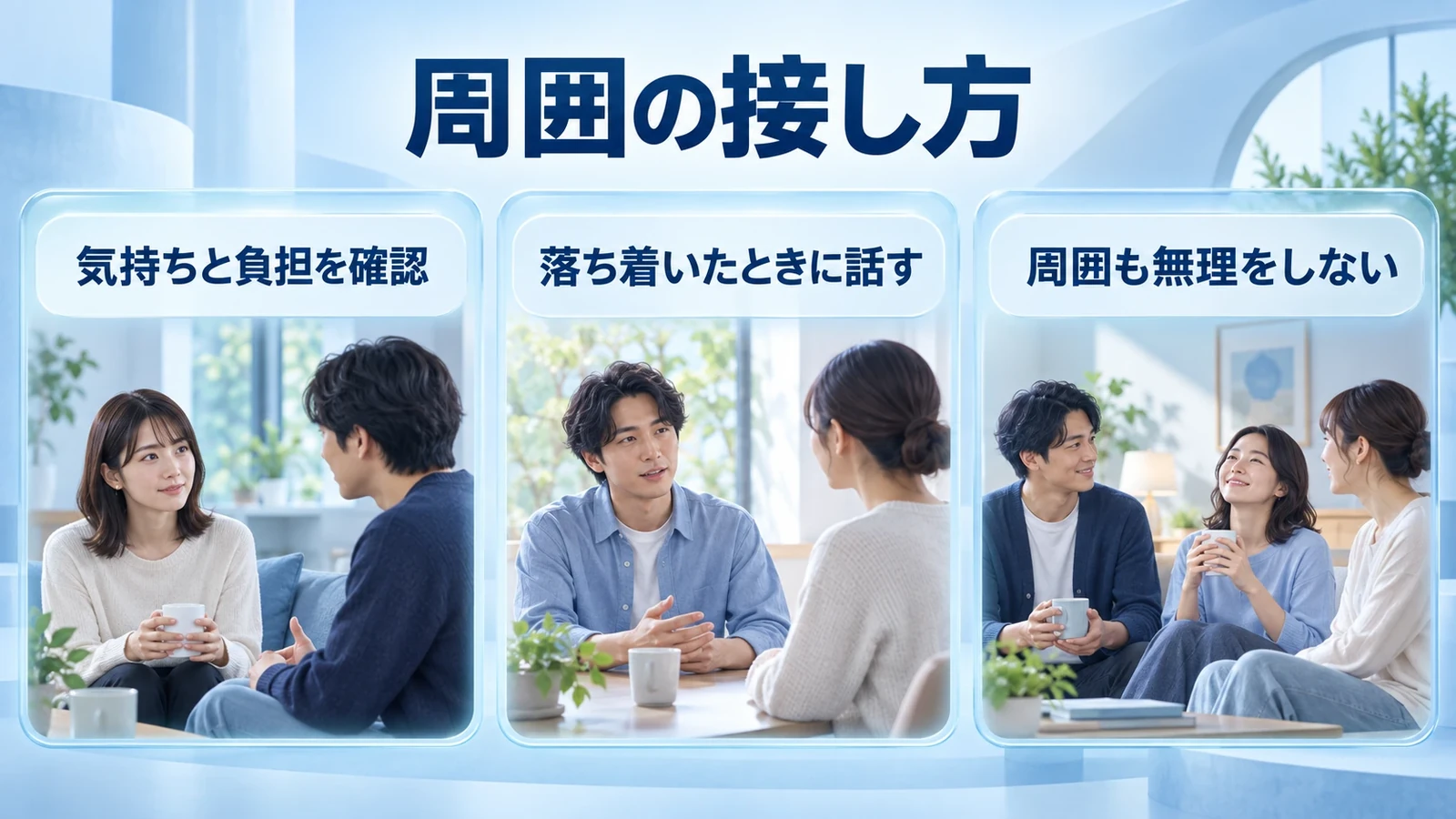 周囲の接し方の要点:気持ちと負担を確認、落ち着いたときに話す、周囲も無理をしない。