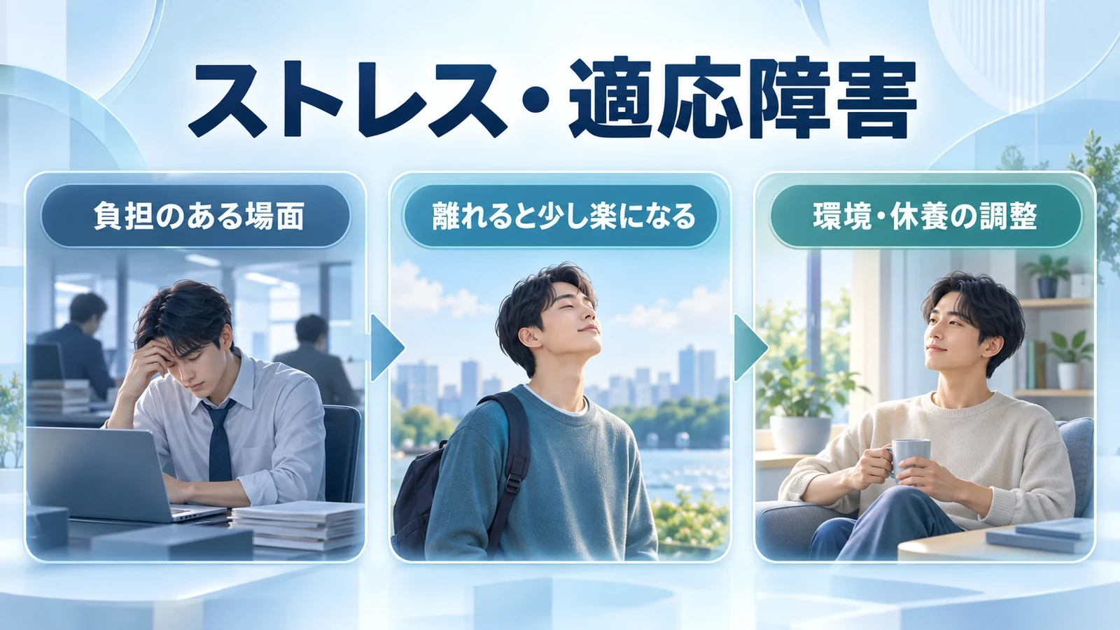 ストレス・適応障害の要点:負担のある場面、離れると少し楽になる、環境・休養の調整。