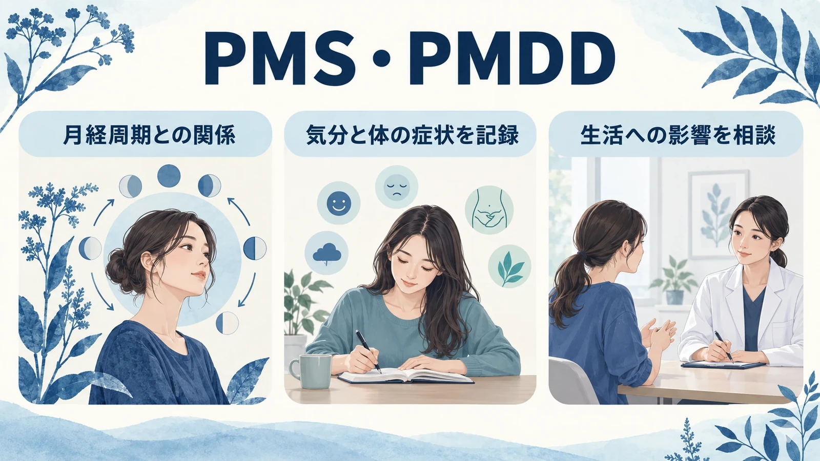 PMS・PMDDの要点:月経周期との関係、気分と体の症状を記録、生活への影響を相談。